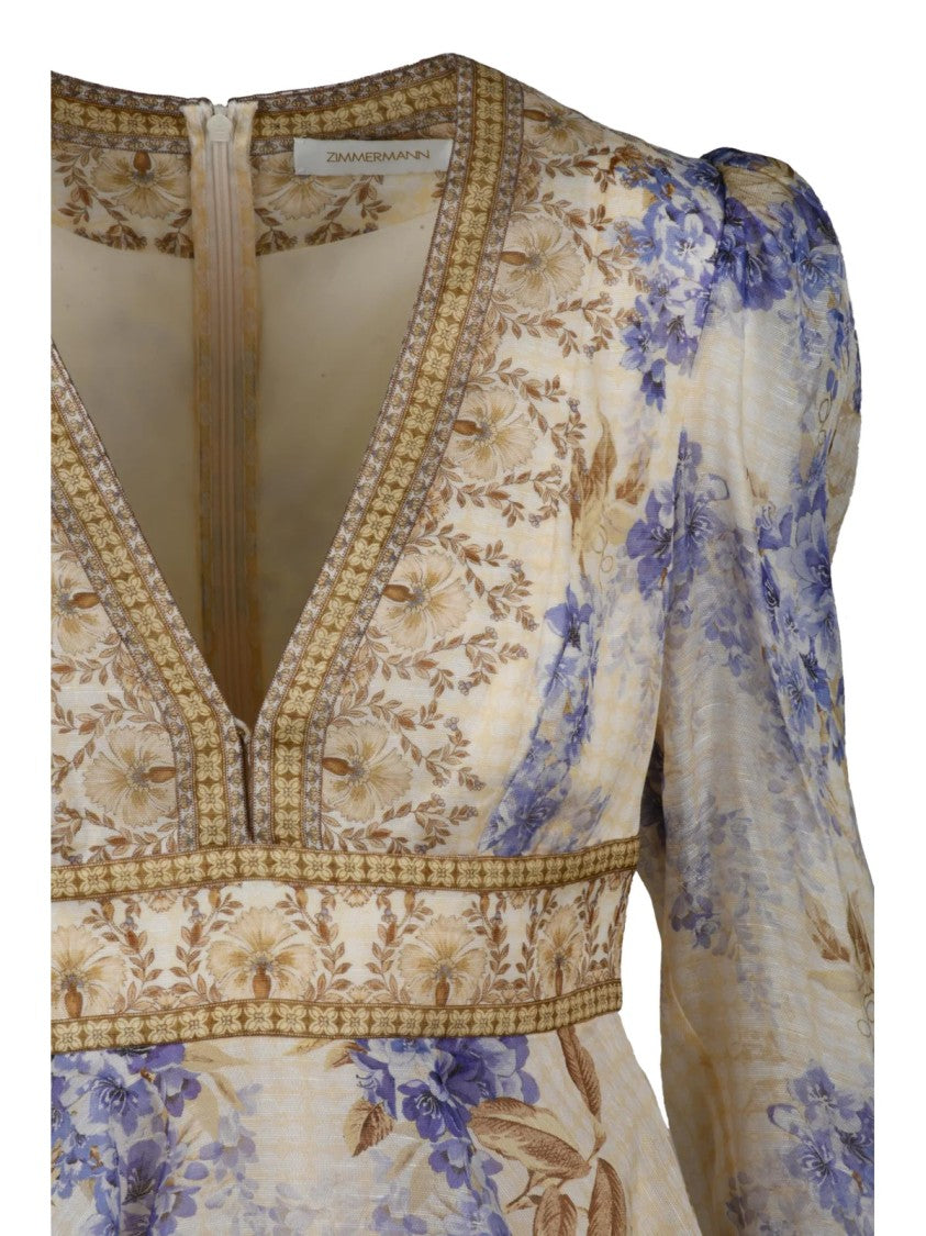 Zimmermann Floral-Inspired Mini Dress With Deep V-Neckline And Puffed Sleeves