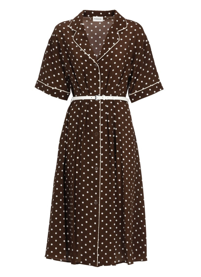 Parosh Brown Silk Midi Dress With Polka Dot Pattern And Button Closure
