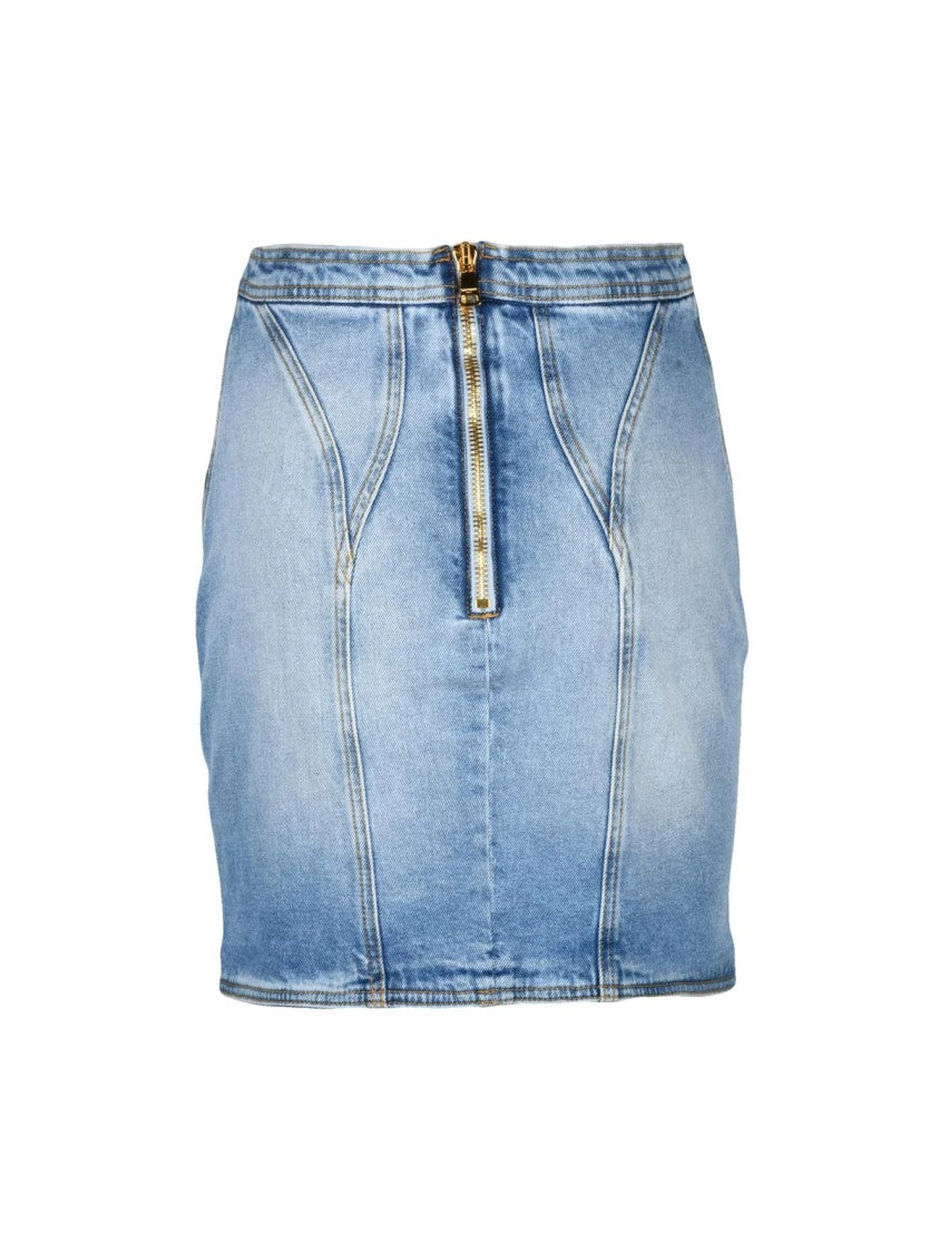 Balmain Light Blue Stretch Denim Mini Skirt With Ornate Button Detailing