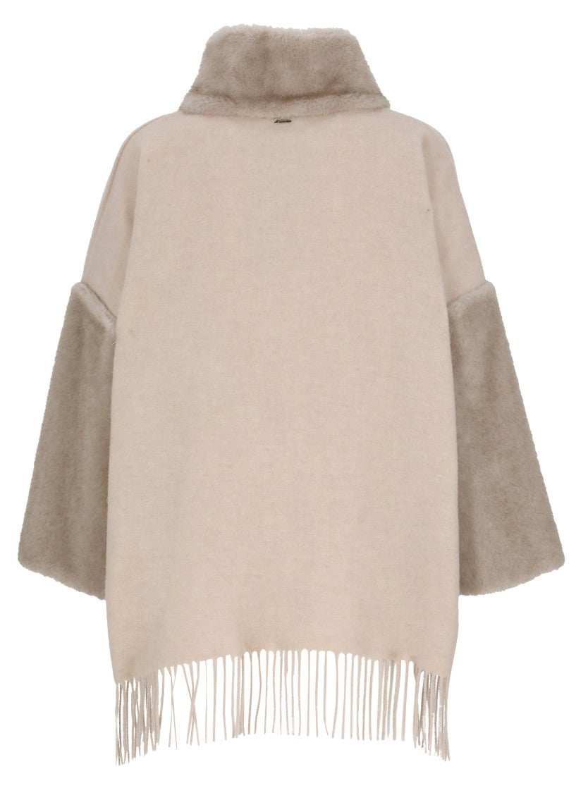 Herno Beige Faux Fur Accent Fringe Wool Jacket