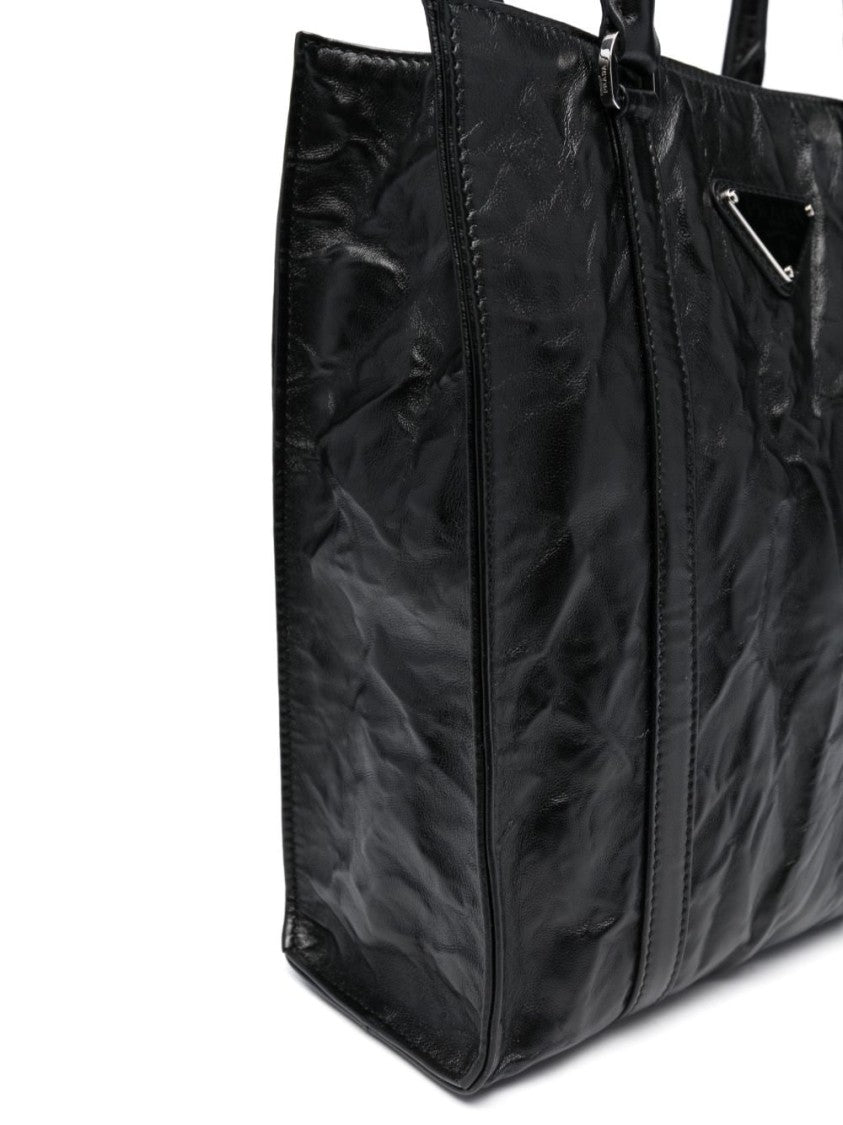 Prada Logo-Plaque Crinkle-Effect Tote Bag