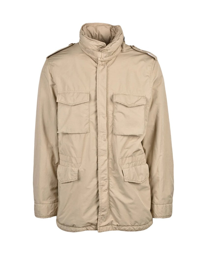 Aspesi Beige Overcoat With Concealed Hood And Quilted Interior