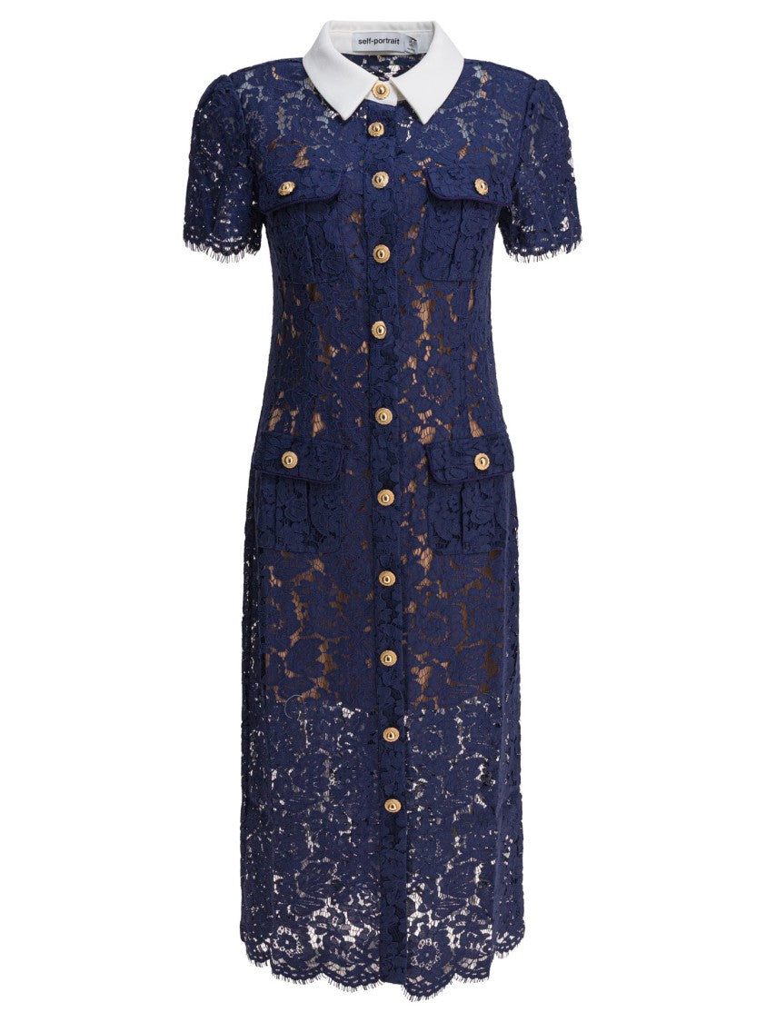 Self-Portrait Navy Lace Midi Dress With Contrast Collar
