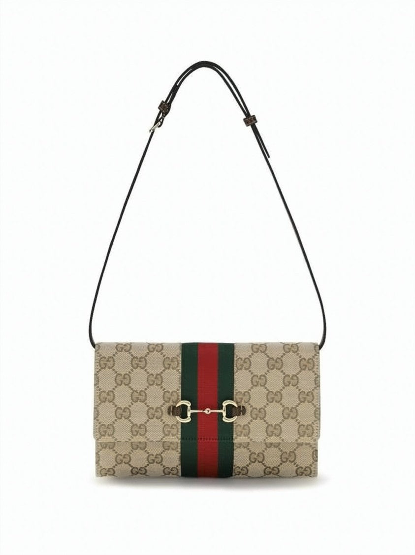 Gucci Beige Monogram Shoulder Bag With Gold-Tone Horsebit Detail