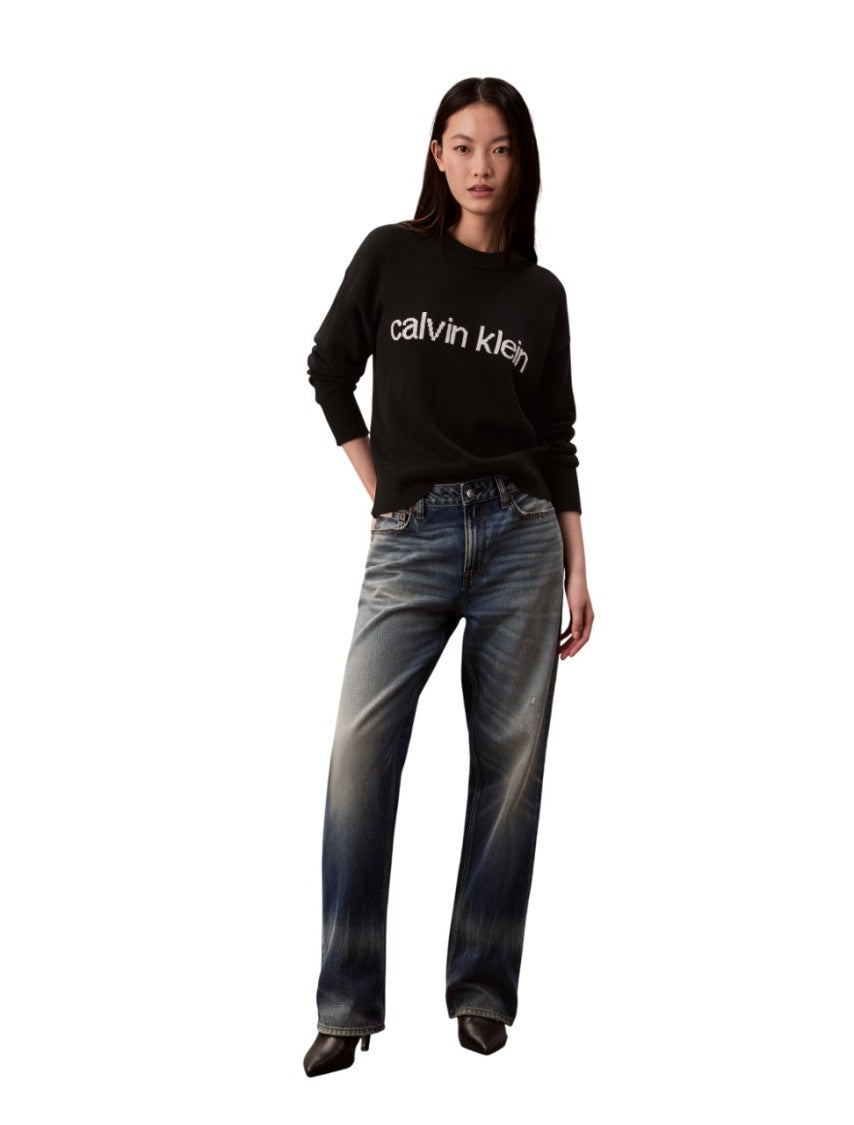 Calvin Klein Embroidered Cotton Knit Sweater With Ribbed Details
