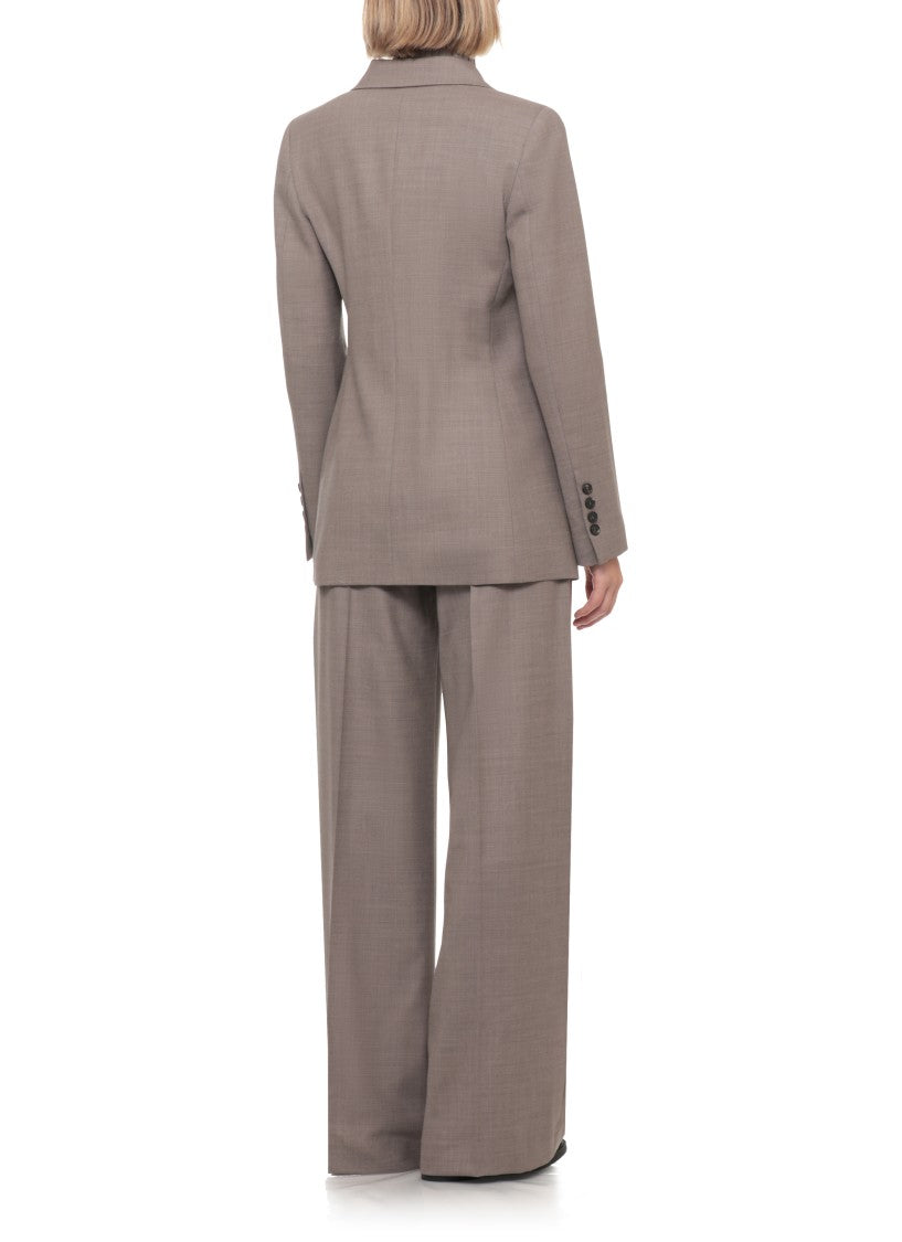 D. Exterior Beige Wool Peak-Lapel Double-Breasted Blazer