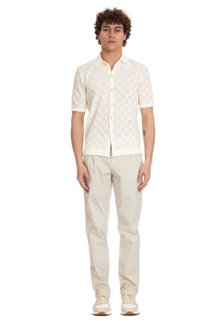 Eleventy Short-Sleeved White Checkered Polo Shirt With Mother-Of-Pearl Buttons