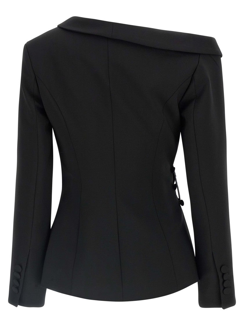 Giuseppe Di Morabito Black Wool Canvas Asymmetrical Blazer With Jewel Brooch