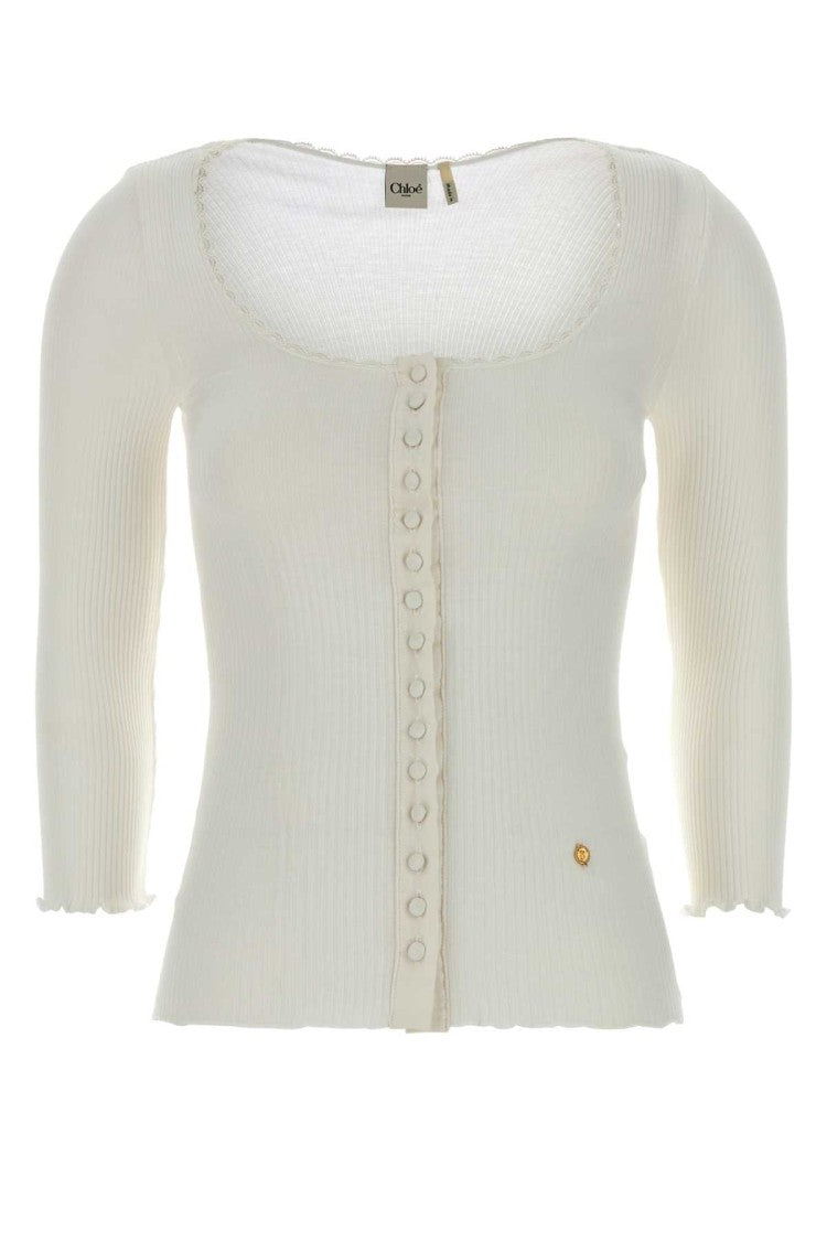 Chloé Fitted White Ribbed Knit Top