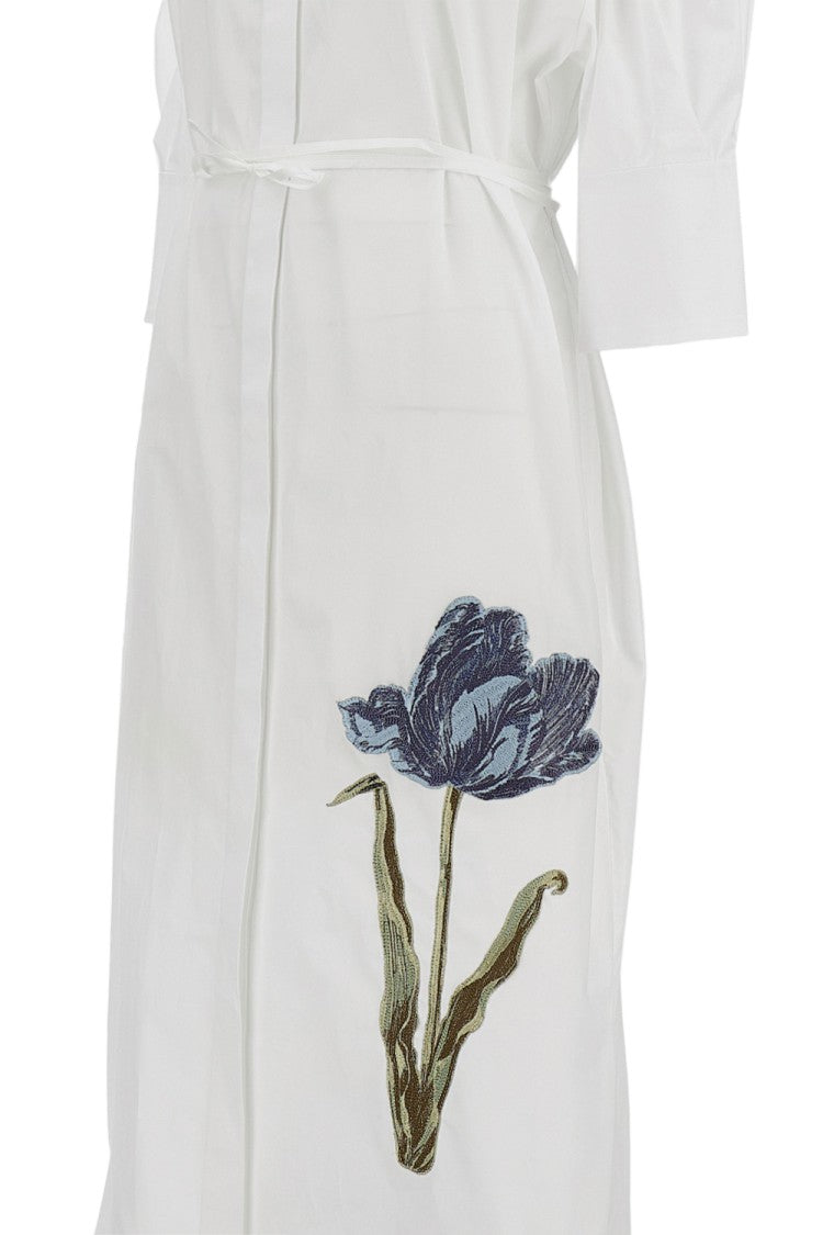 Erdem White Cotton Poplin Midi Dress With Tulip Embroidery