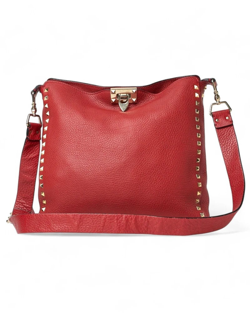 Valentino Medium Rockstud Shoulder Bag In Textured Red Leather