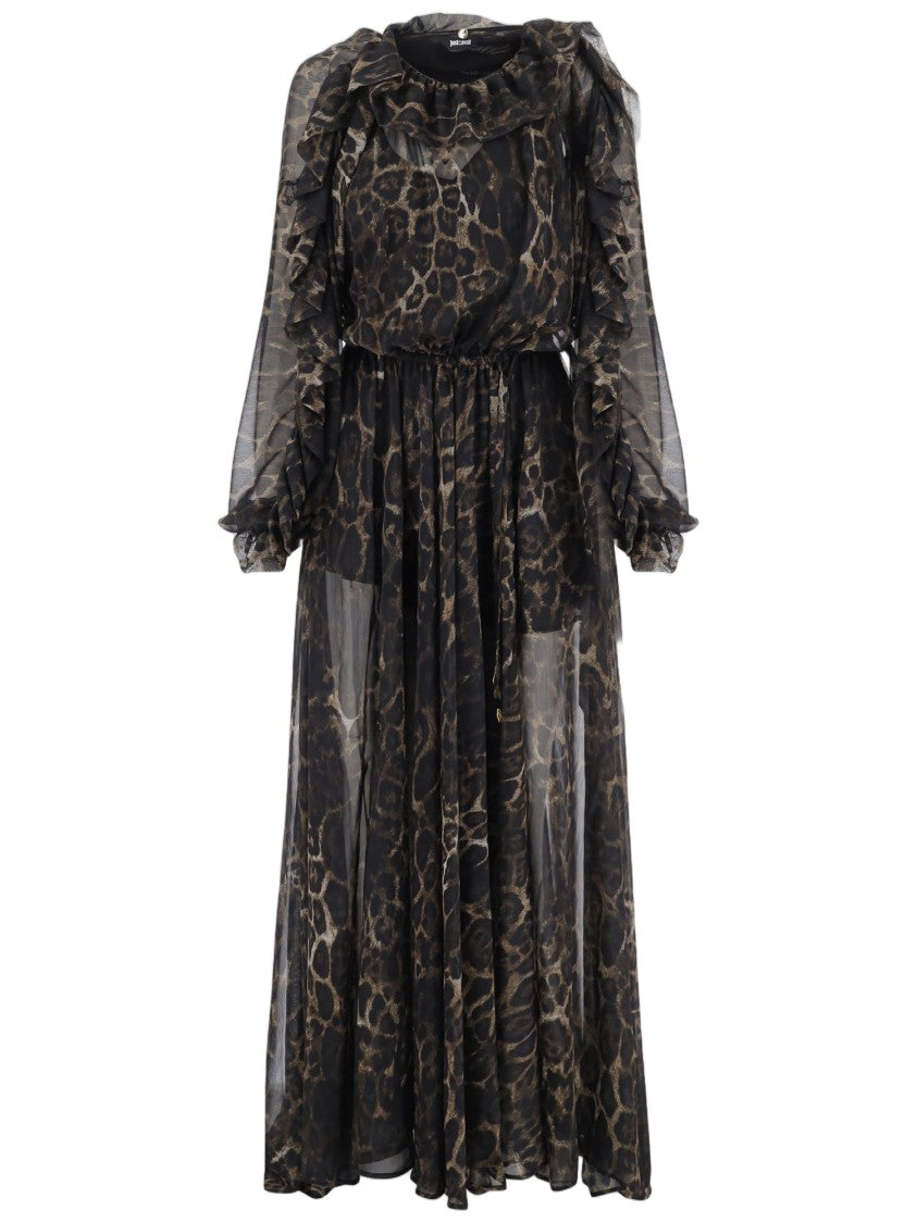Just Cavalli Dark Animal Print Midi Dress With Sheer Sleeves And Ruffle Details