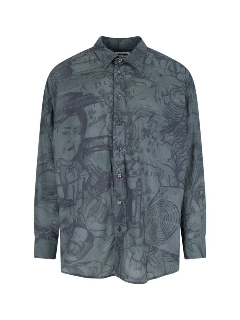 Magliano Alda's Twisted Grey Viscose Shirt With Black Print