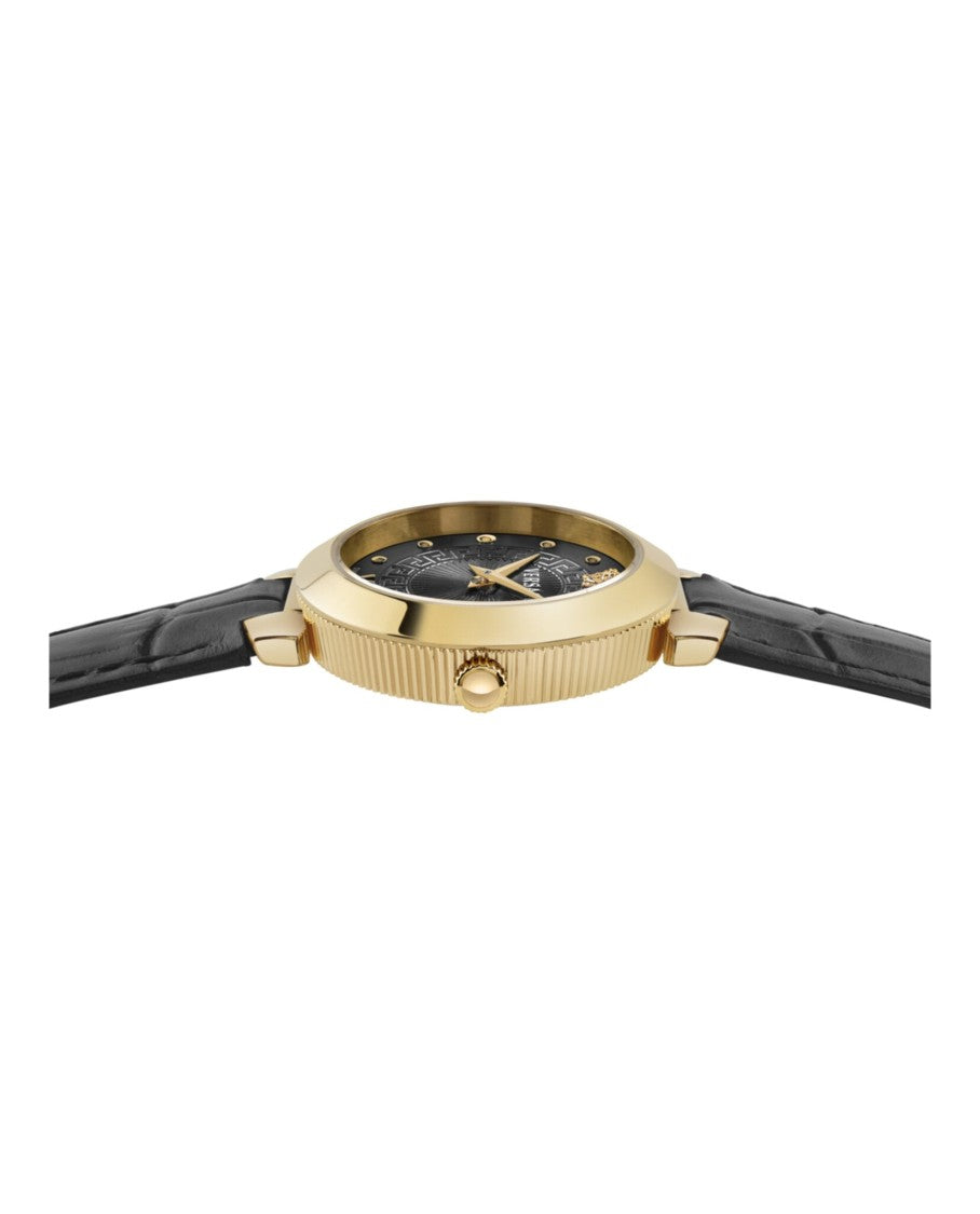 Versace Daphnis Leather Watch With Black Guilloche Dial