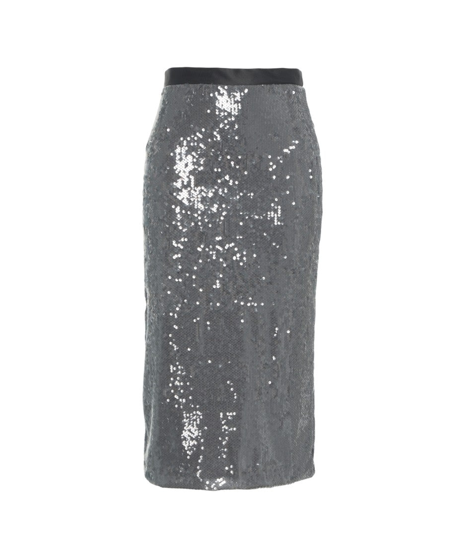 Jucca High-Waisted Grey Midi Skirt With All-Over Sequin Embellishment