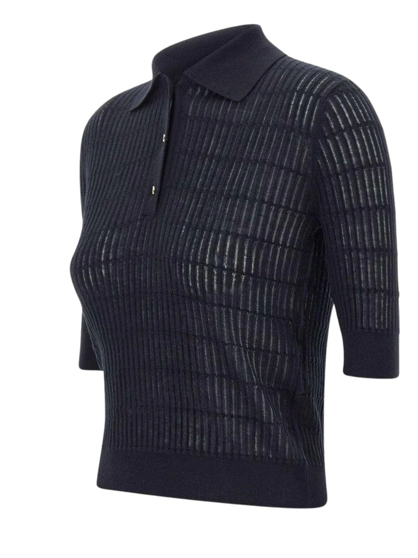 Max Mara Blue Ribbed Semi Sheer Polo Shirt