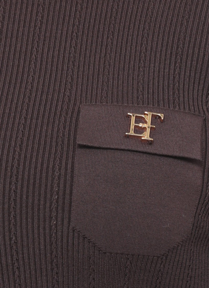 Elisabetta Franchi High Neck Ribbed Sweater With Faux Pocket And Gold Logo