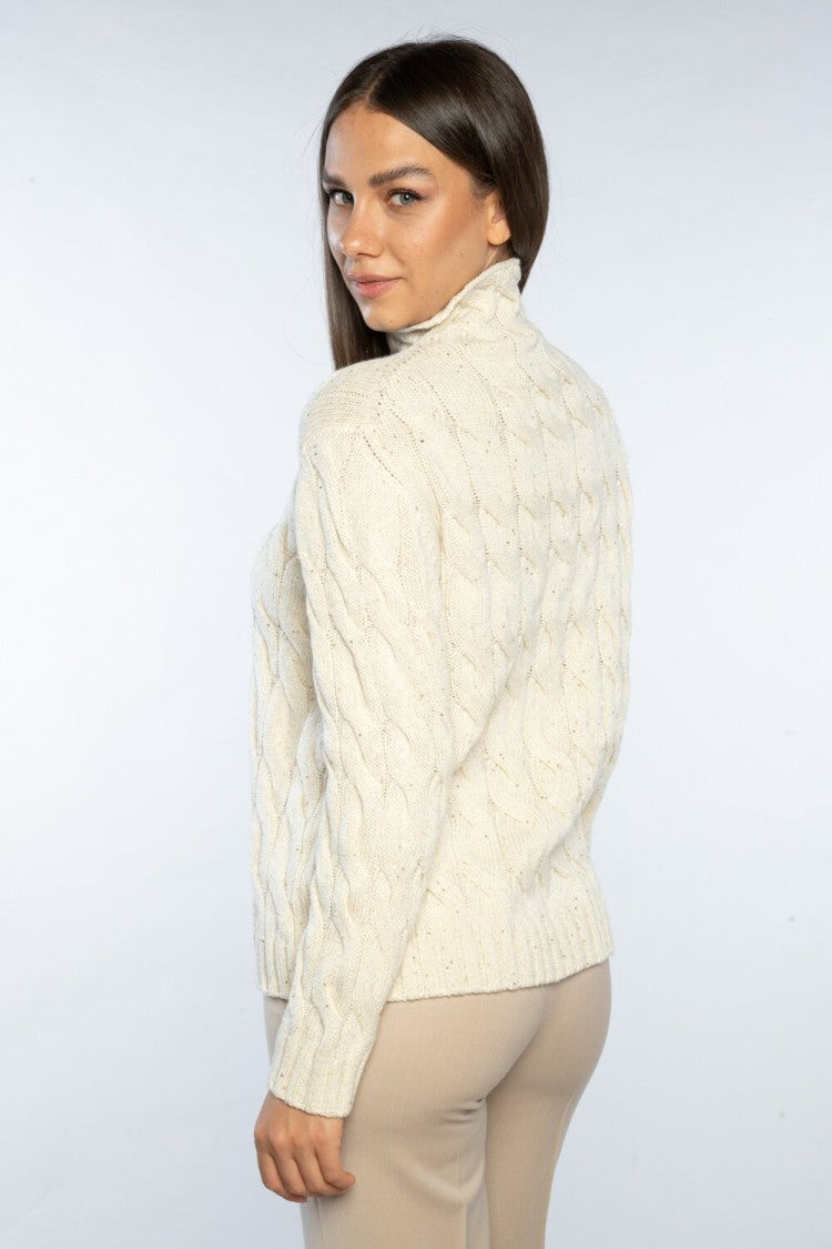 Paolo Fiorillo Capri Ivory Cable-Knit Turtleneck Sweater With Braided Pattern