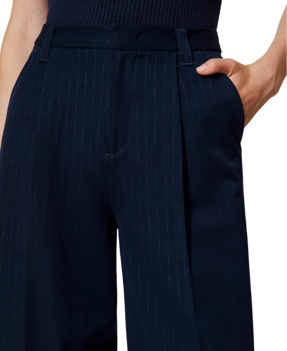 Twin-Set Indigo Lurex Pinstriped Front-Pleat Wide-Leg Pants