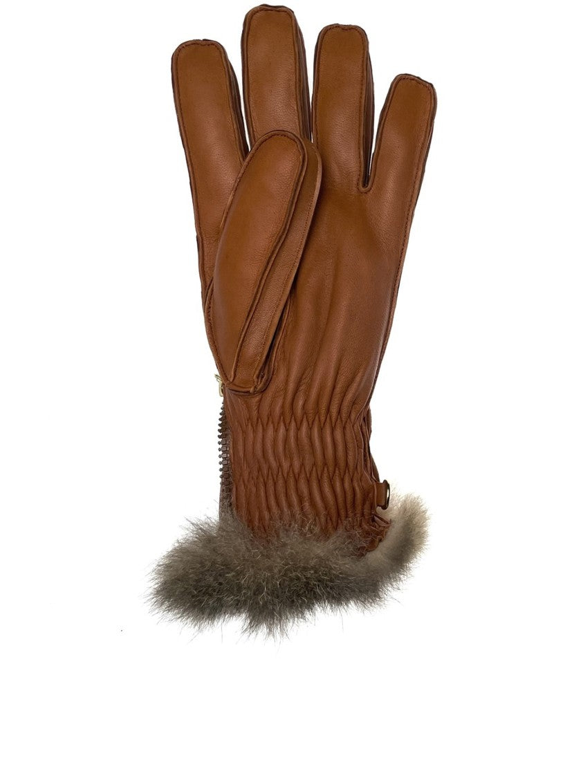 Restelli Brown Nappa Opossuy Fur-Trim Gloves
