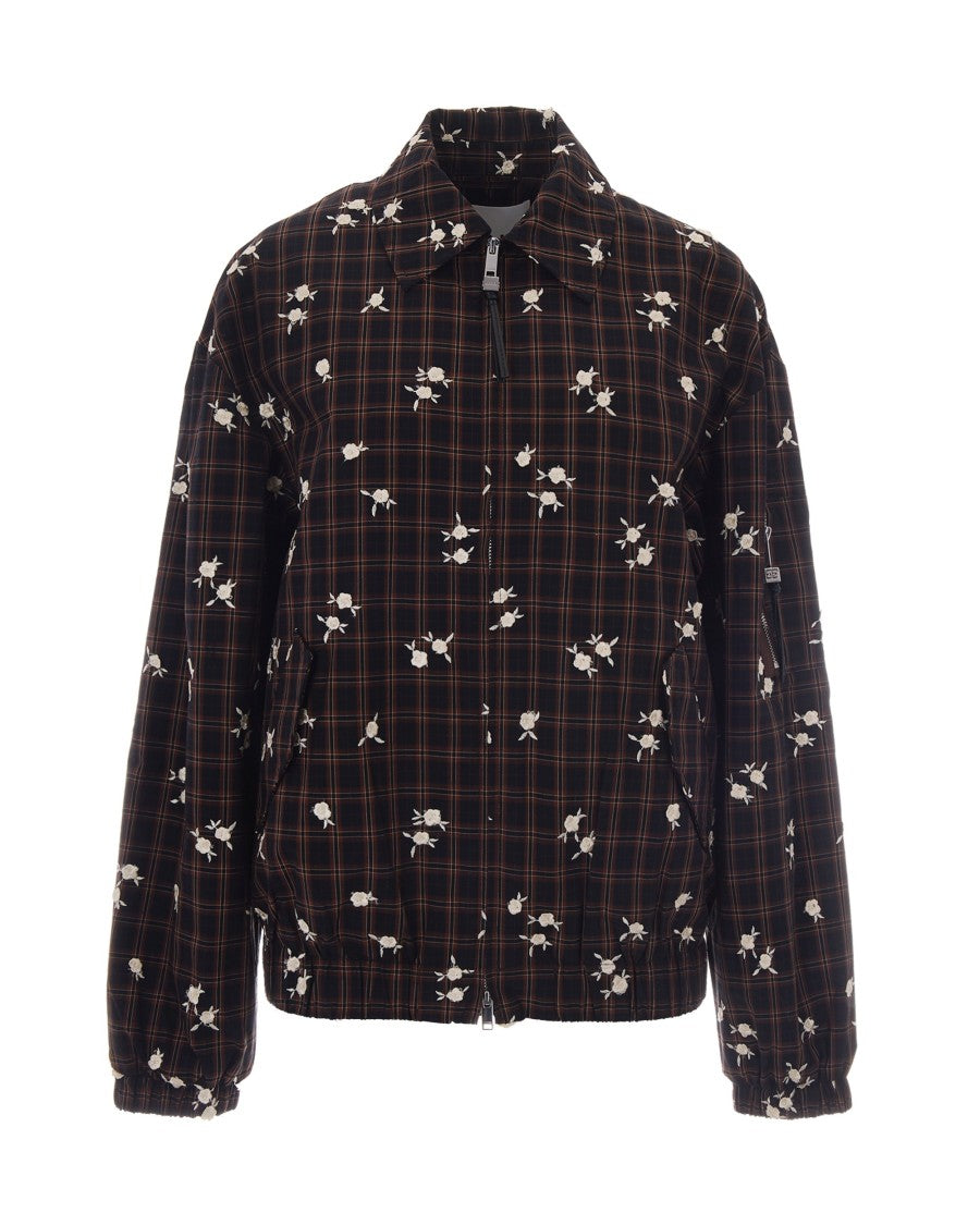 Ganni Check Flower Bomber Jacket With Elastic Cuffs
