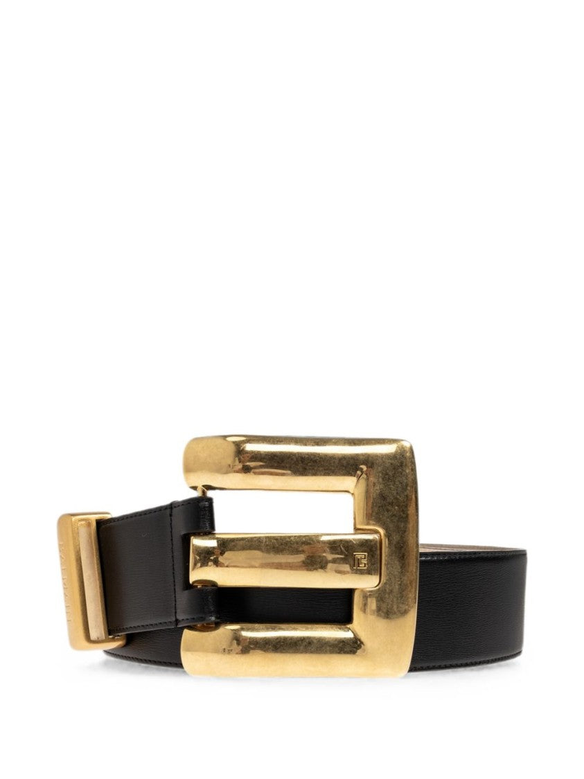 Balmain Black Wide Gold Buckle Belt