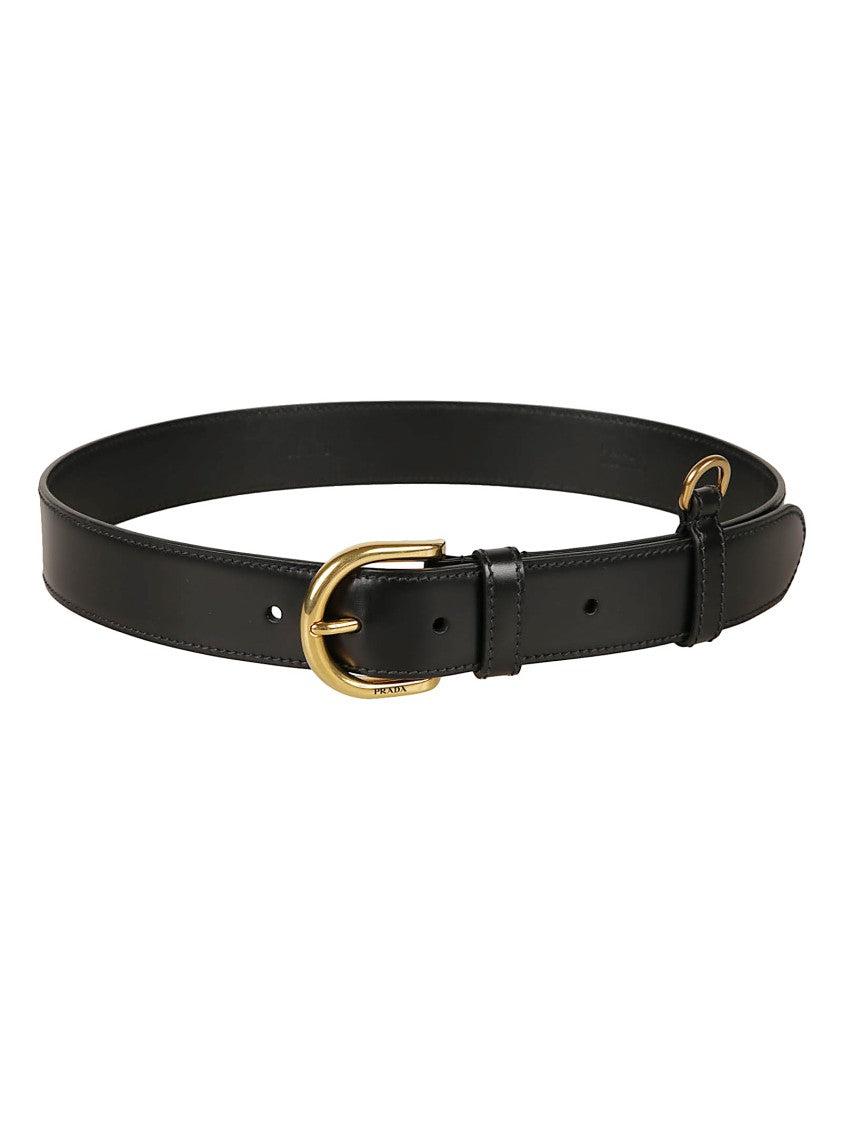 Prada Black Leather Belt With Polished Gold-Tone Buckle And Engraved Branding