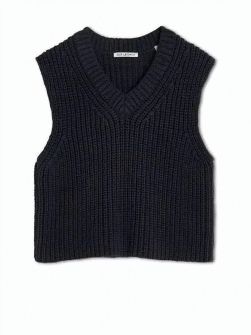 Our Legacy Ribbed Black Cropped Sleeveless Top With Deep V-Neckline