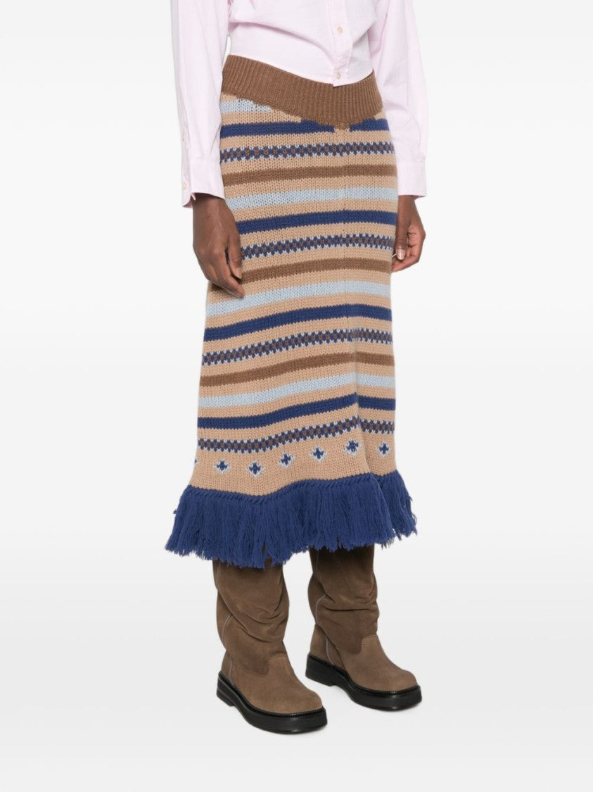 Alanui Multicolor Striped Knitted Fringed Hem Midi Skirt