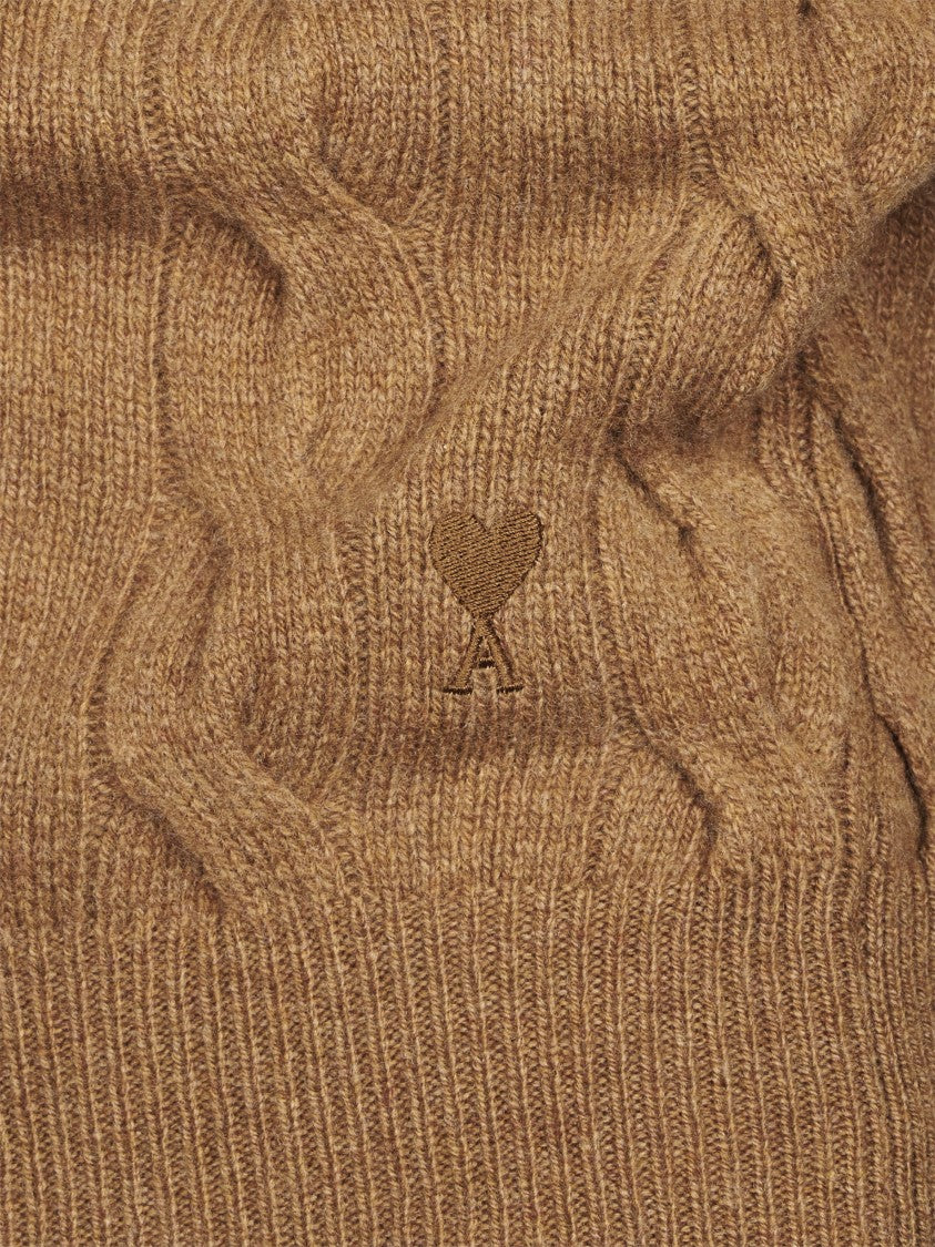 Ami Paris Tonal Cable Knit Sweater With Embroidered Heart Detail