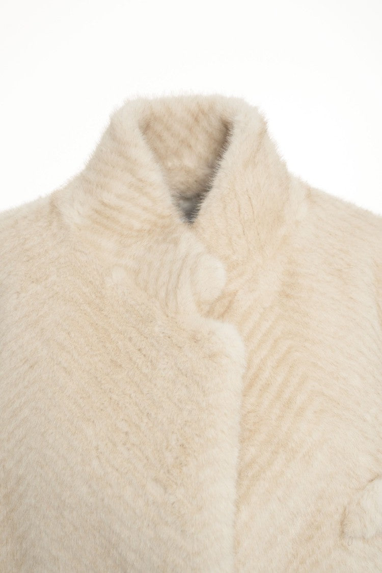 Forte Dei Marmi Couture Structured Beige Faux Fur Jacket With Houndstooth Pattern