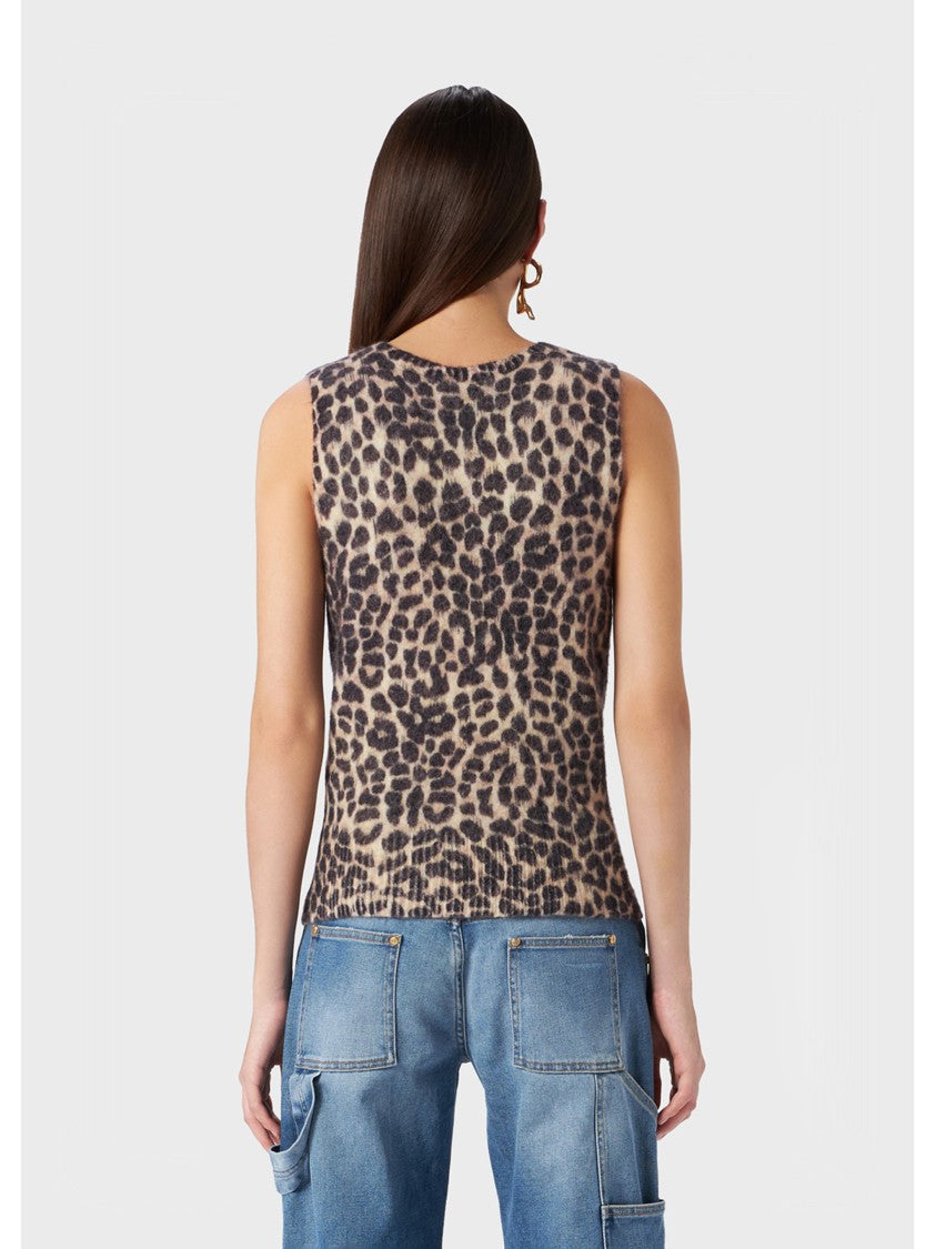 Blumarine Sleeveless Alpaca Blend Leopard Print Top