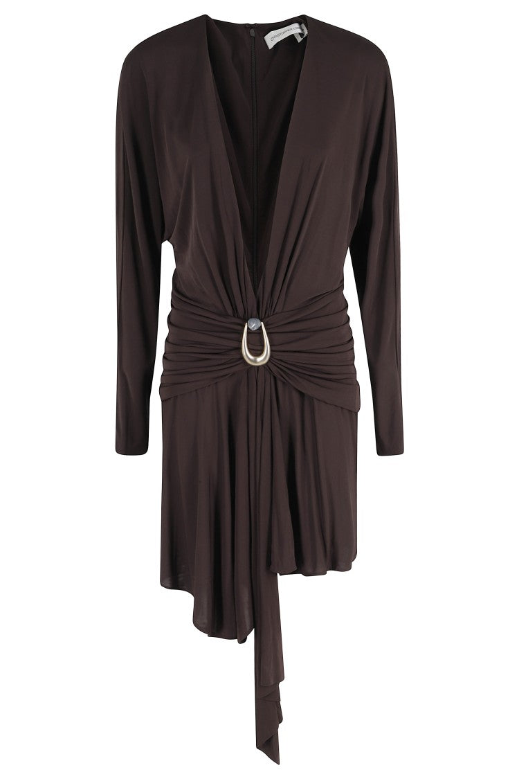 Christopher Esber Brown Stone Pin Scarf Draped Viscose Mini Dress