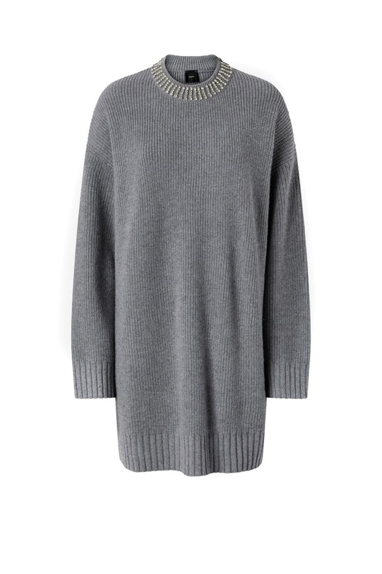 Pinko Grey Rhinestone Crewneck Ribbed Nylon-Viscose Mini Dress