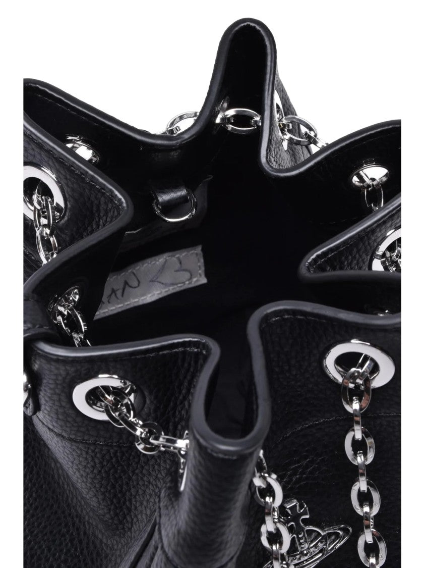 Vivienne Westwood Textured Black Bucket Shoulder Bag With Chain Detail Closure