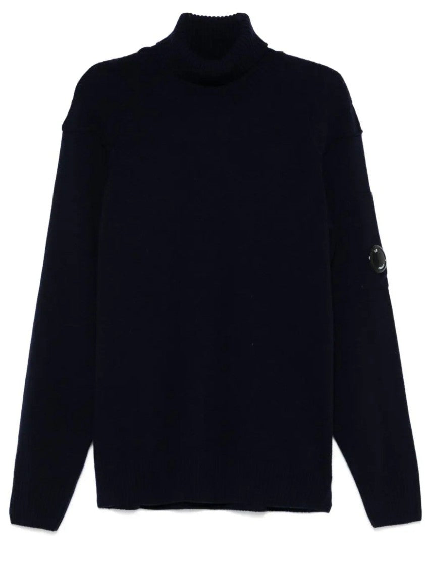 C.P. Company Blue Lambswool Turtleneck With Zip Pocket And Signature Motif