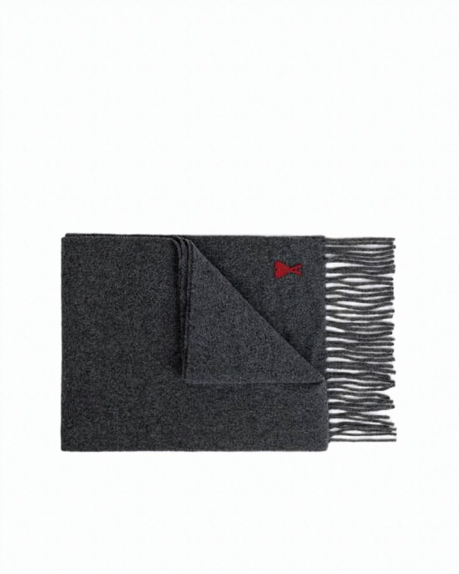 Ami Paris Textured Dark Grey Wool Scarf With Embroidered Logo