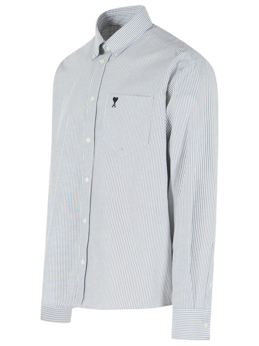 Ami Paris Black And White Vertical Stripe Casual Shirt With Embroidered Logo