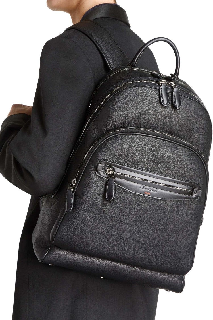 Santoni Grained Leather Backpack With Subtle Shaded Effect
