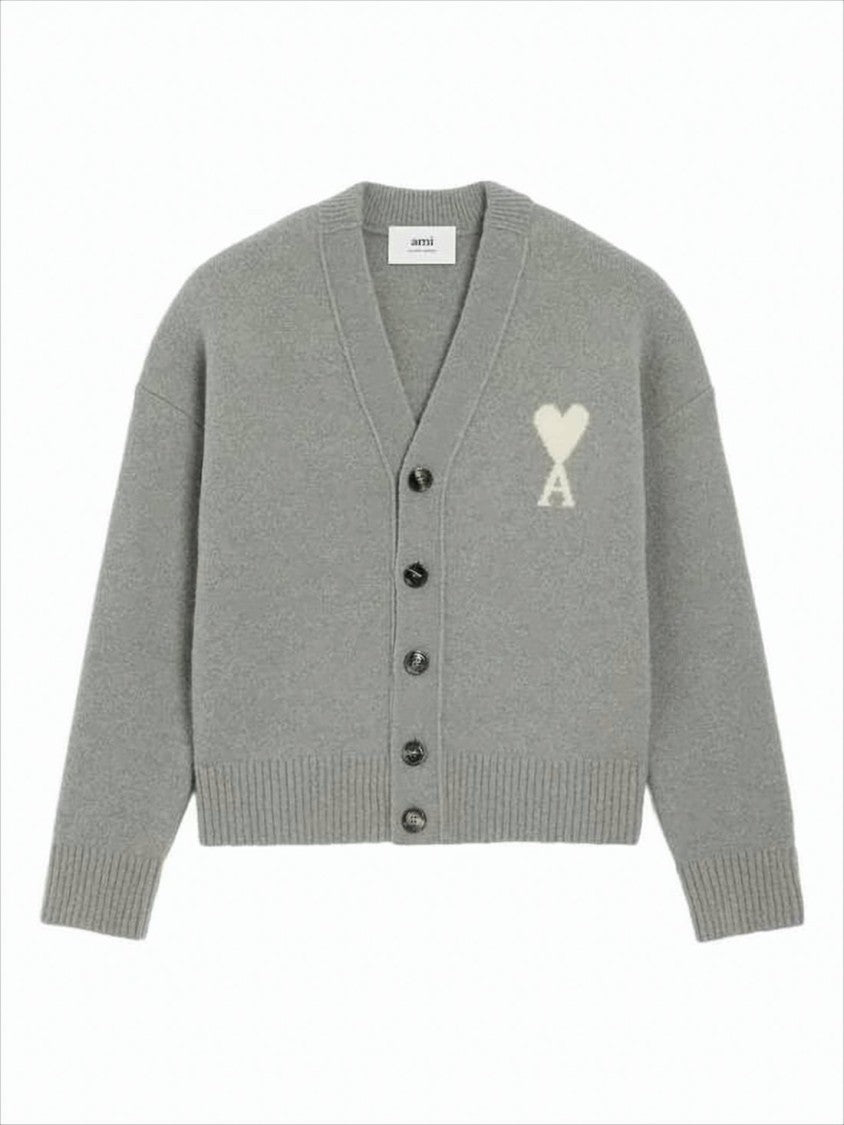 Ami Paris Textured Knit Cardigan With Heart Motif
