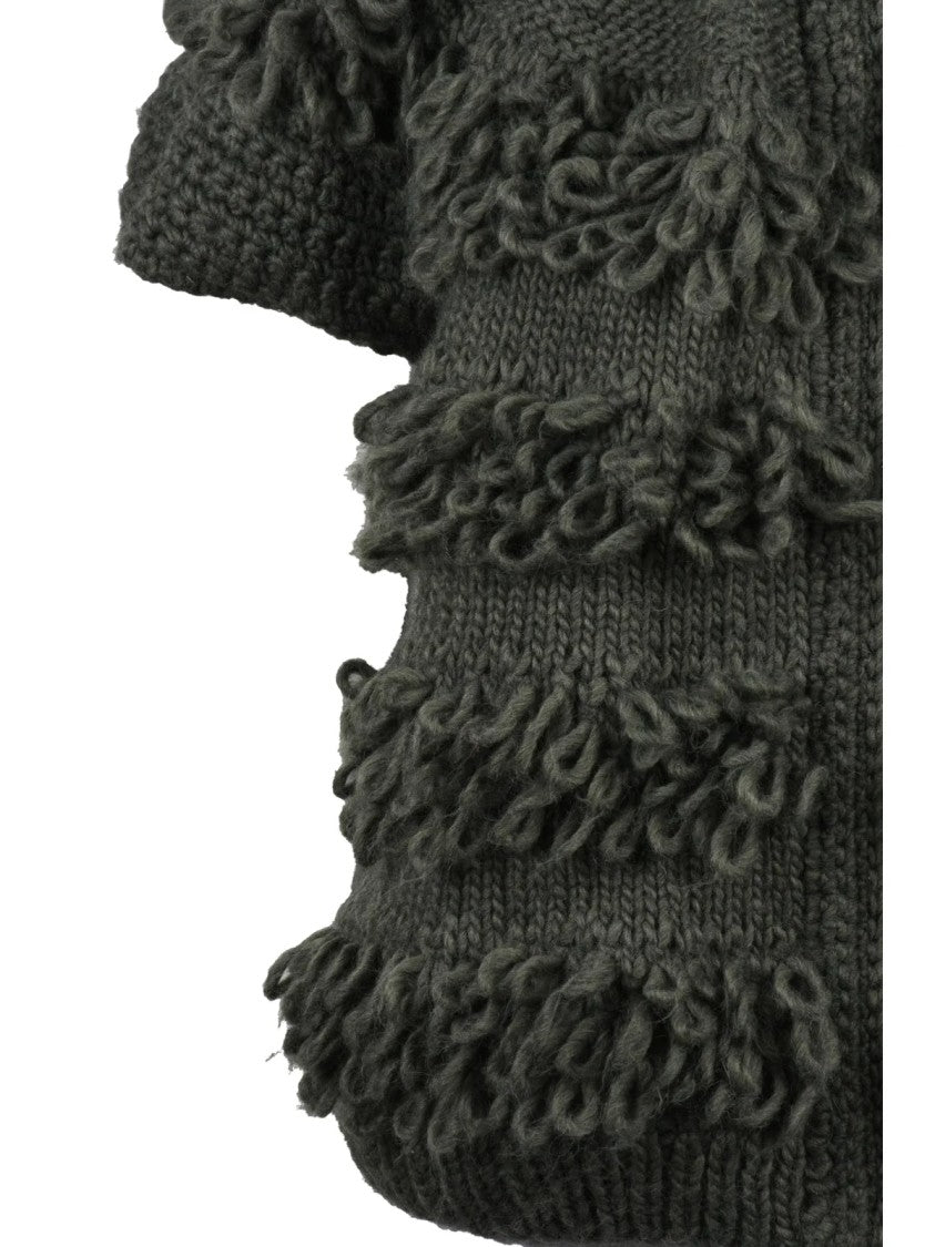 Of Handmade Textured Green Knitted Vest With High Collar And Fringe Detail