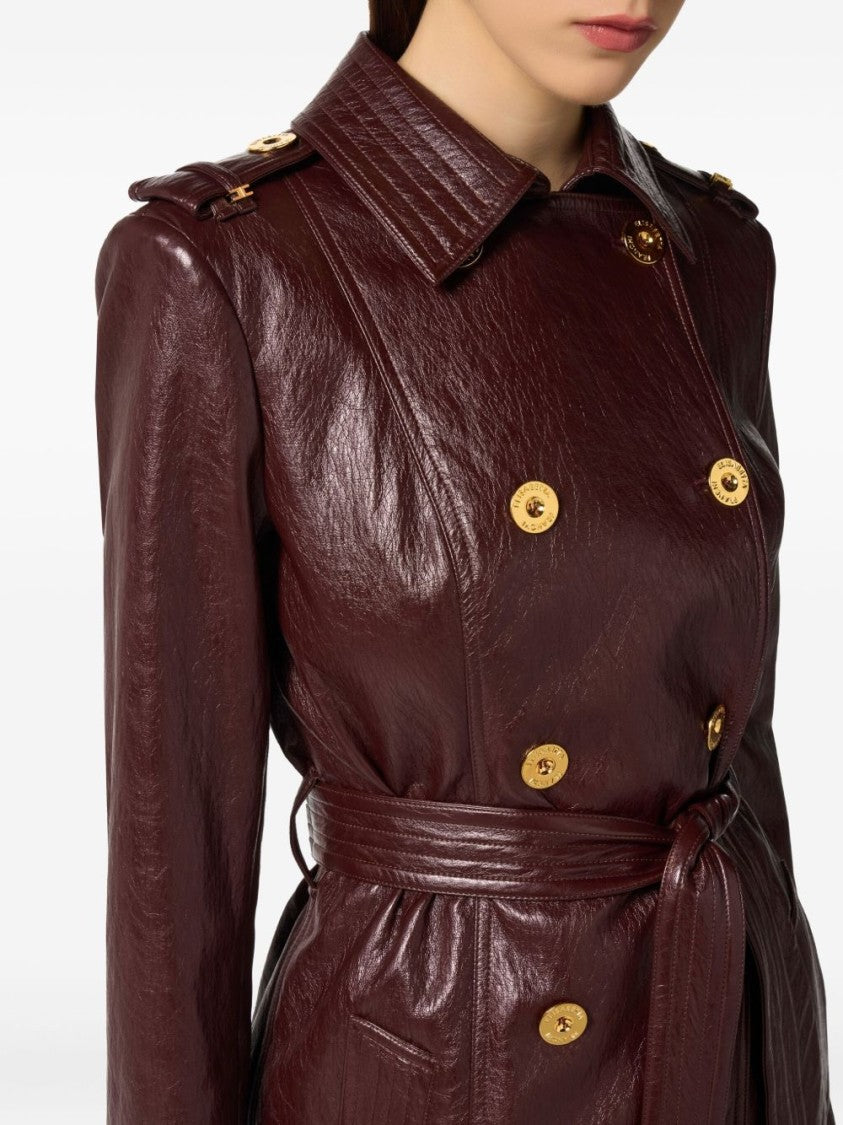 Elisabetta Franchi Bordeaux Double-Breasted Trench Coat With Glossy Finish