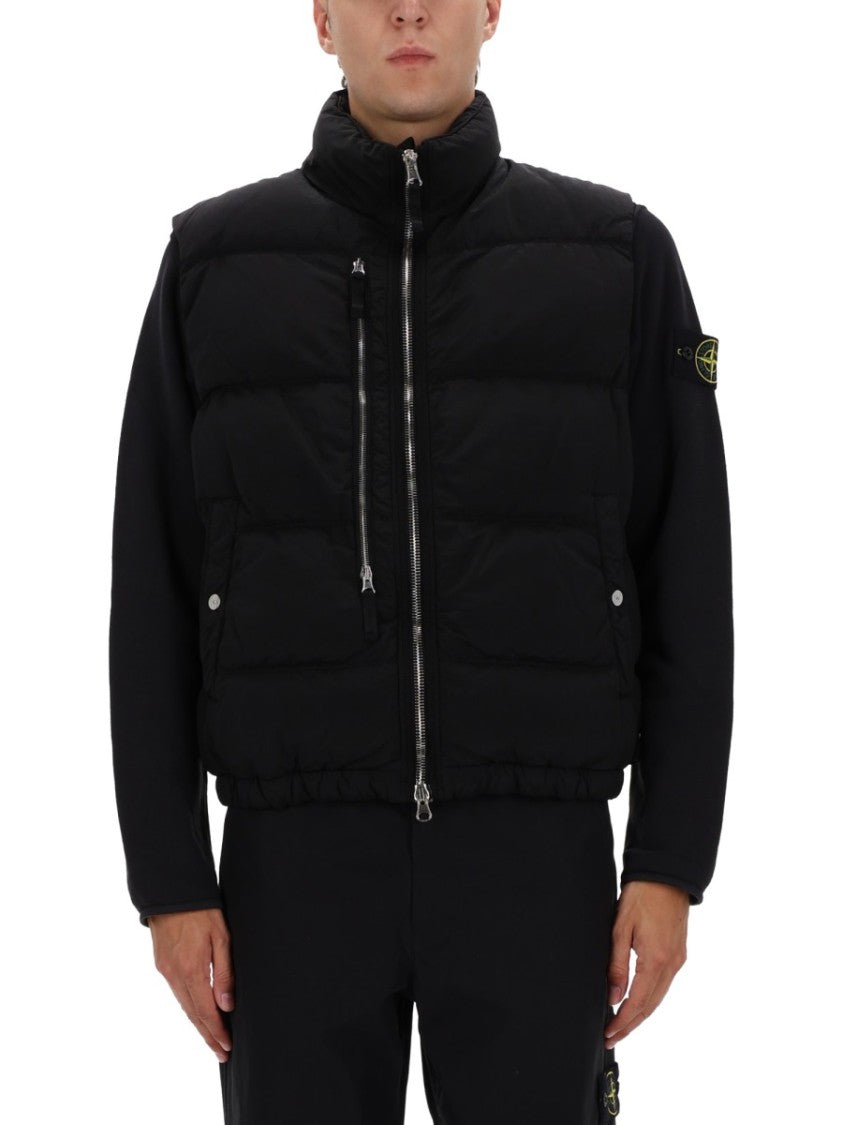 Stone Island Quilted Black Vest With High Collar