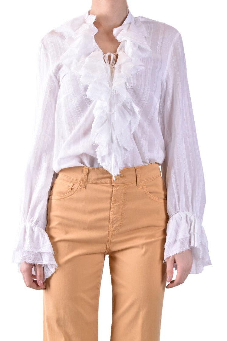 Dondup Semi-Sheer White Blouse Ruffled Tie Neckline