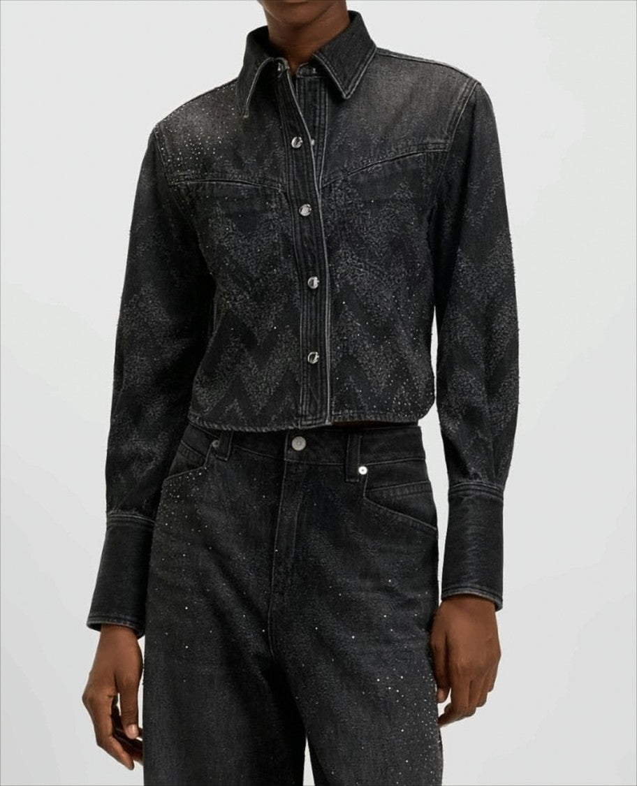 Boss Short Black Denim Jacket With Crystal Embellishments