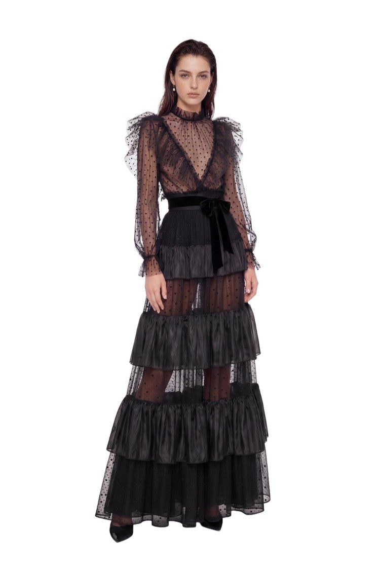 Saiid Kobeisy Tiered Dotted Tulle Dress With Velvet Bow Accents