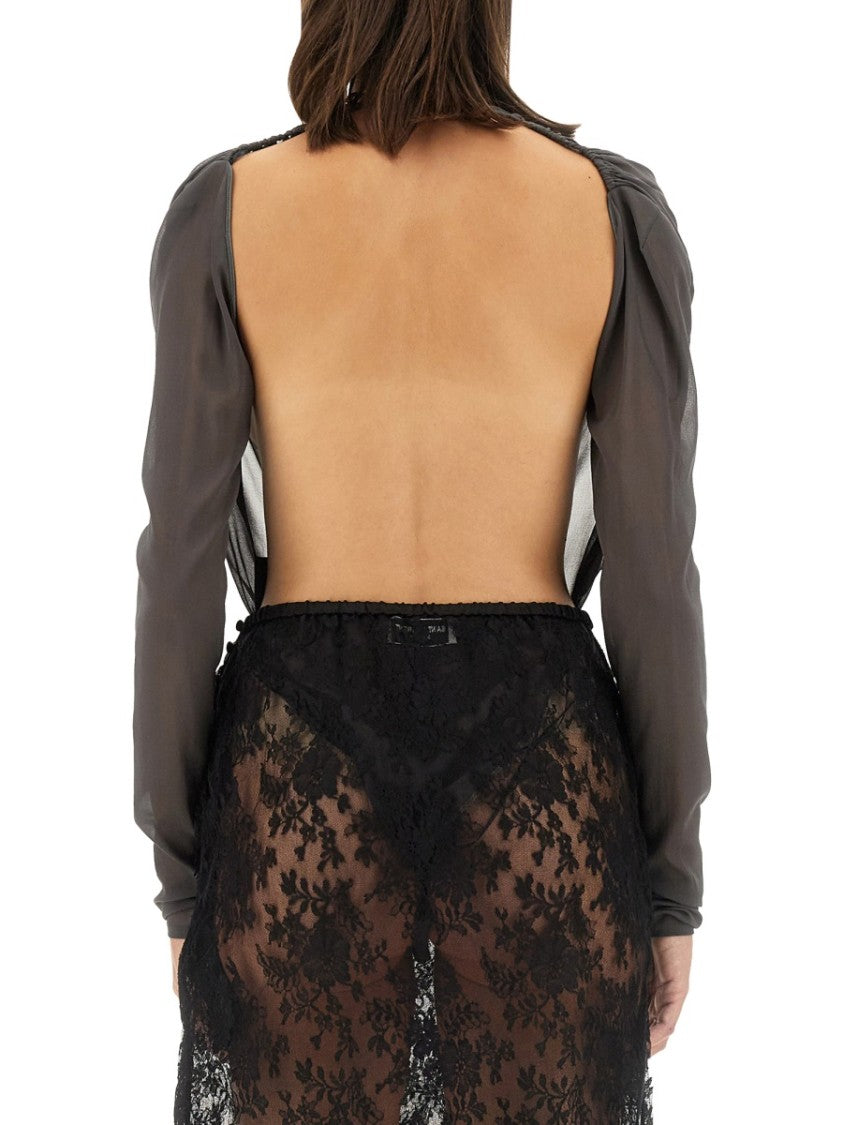 Saint Laurent Deep Plunge Silk Bodysuit With Sheer Sleeves