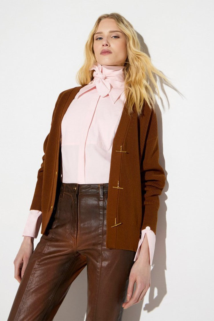 Elisabetta Franchi Brown Viscose-Blend Ribbed Cardigan