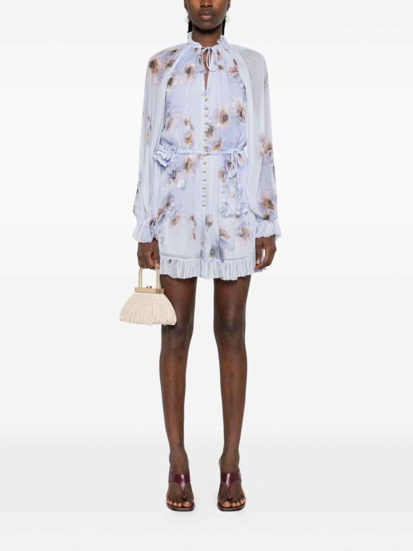 Zimmermann Floral Print Light Purple Playsuit With Ruffled Hem