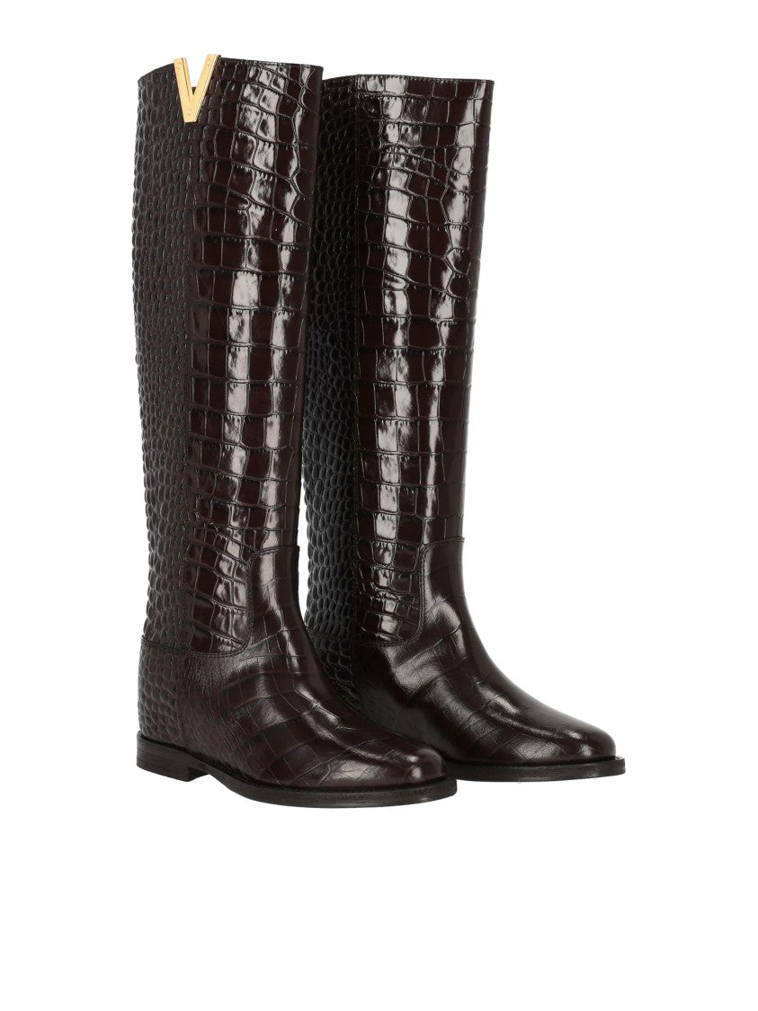 Via Roma 15 Croco Embossed Leather Knee-High Boots